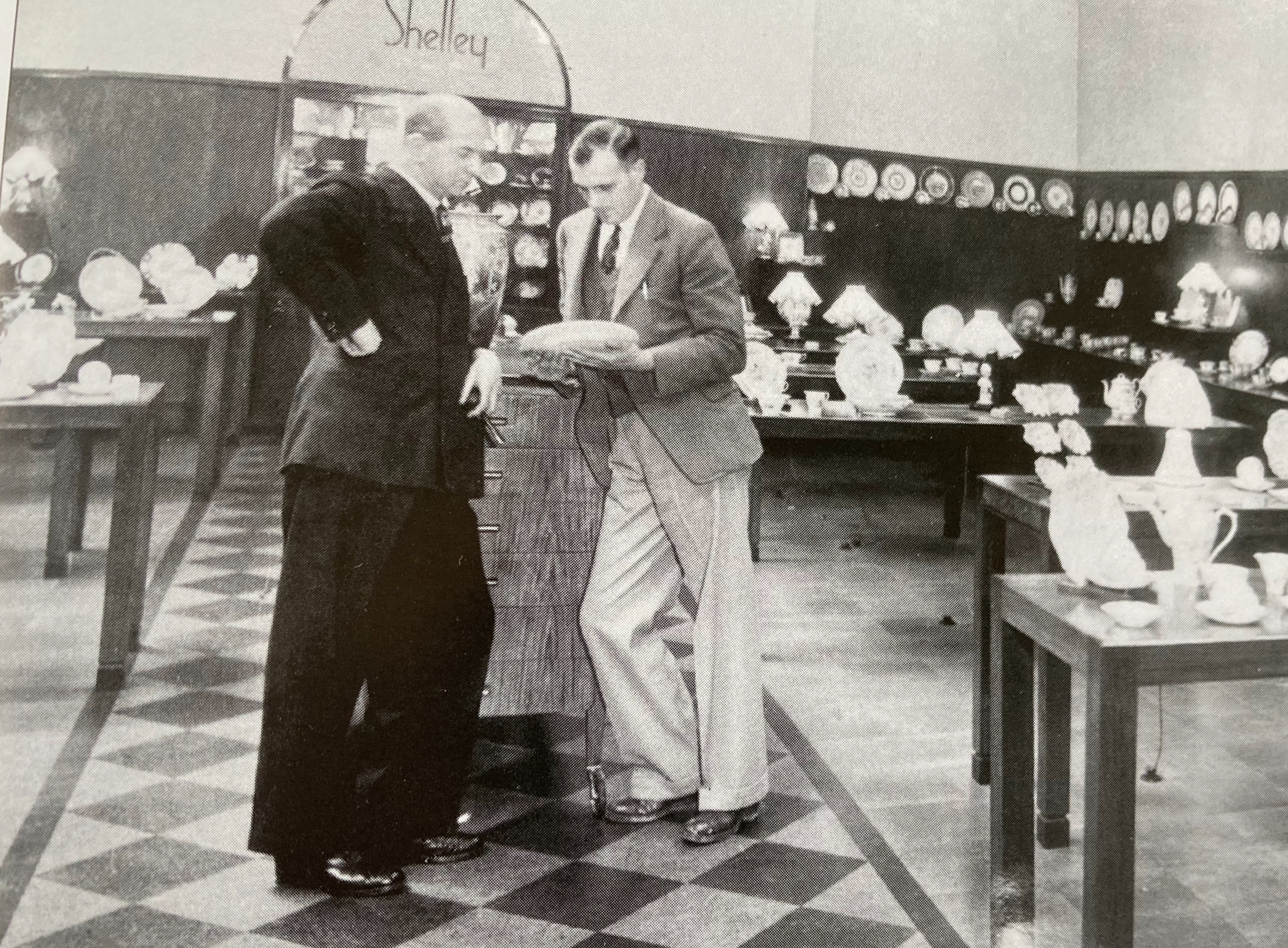 Eric in the Shelley showroom with the Sales Director Ralph Tatton in the late 1940s